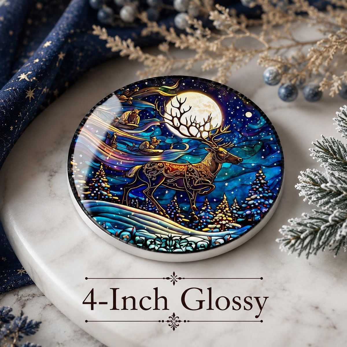 Winter Stag Ceramic Coaster, Moonlit Forest Art for Holiday Table Decor