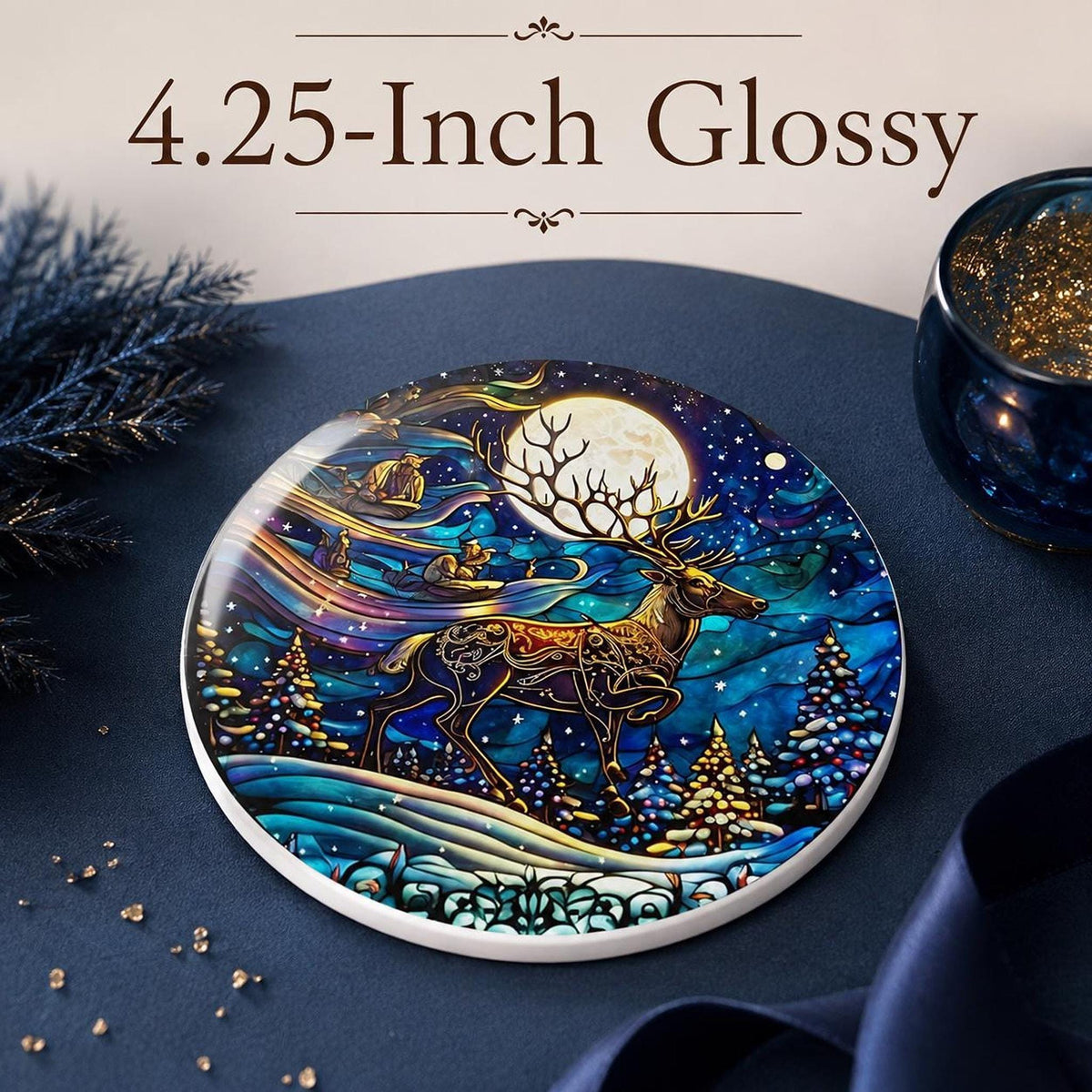 Winter Stag Ceramic Coaster, Moonlit Forest Art for Holiday Table Decor