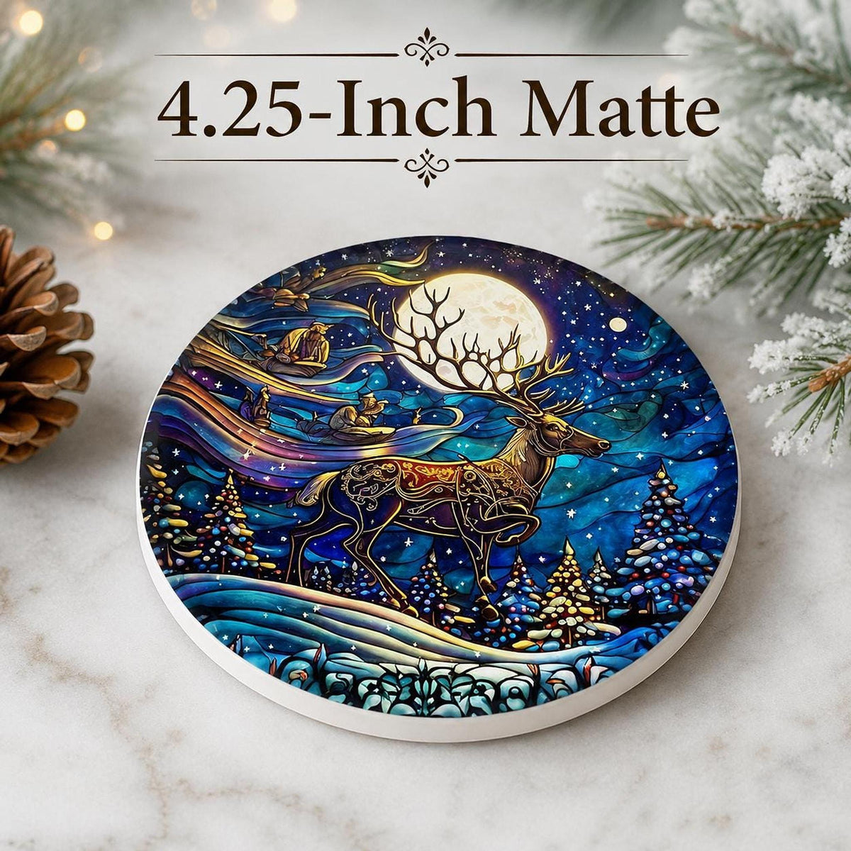 Winter Stag Ceramic Coaster, Moonlit Forest Art for Holiday Table Decor