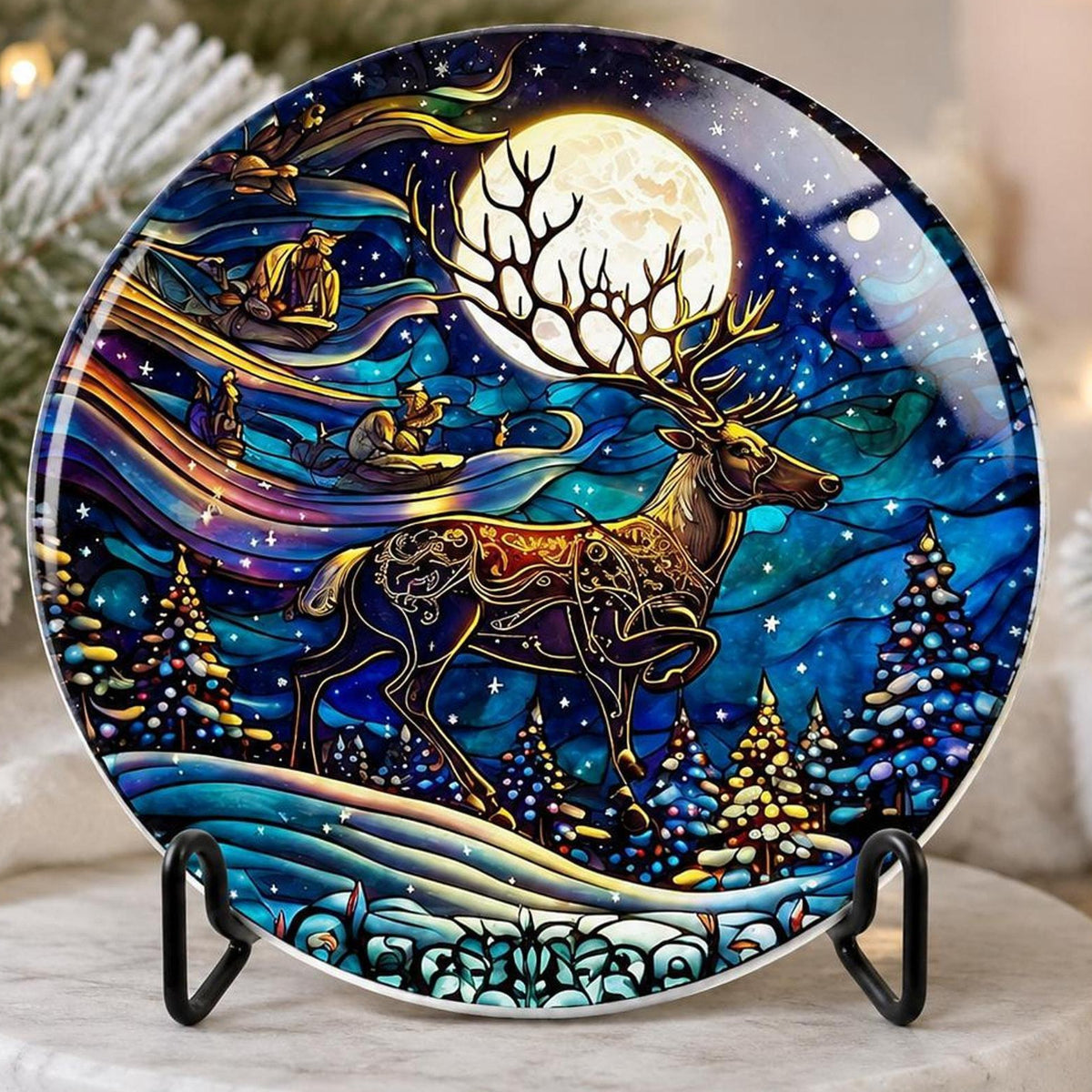 Winter Stag Ceramic Coaster, Moonlit Forest Art for Holiday Table Decor
