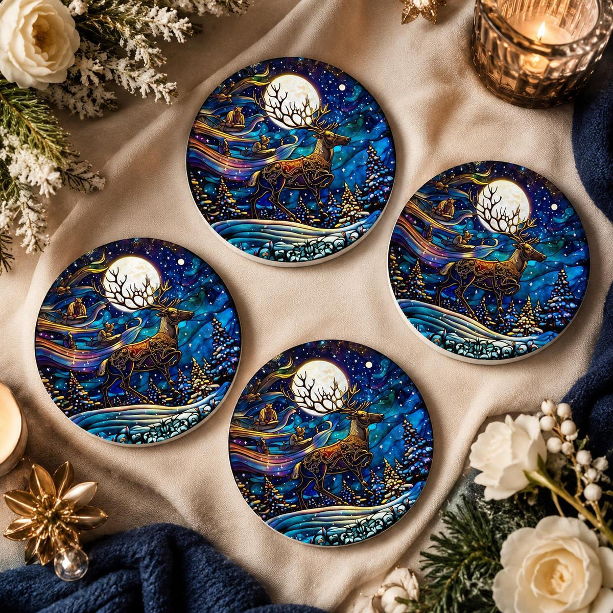 Winter Stag Ceramic Coaster, Moonlit Forest Art for Holiday Table Decor
