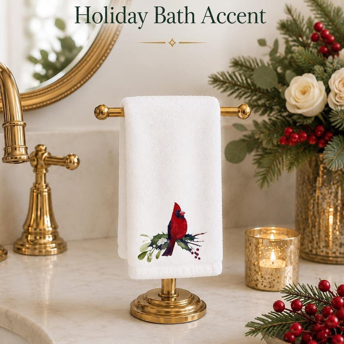 Cardinal Hand Towel, Sheared Polyester Front, Christmas Powder Room Decor