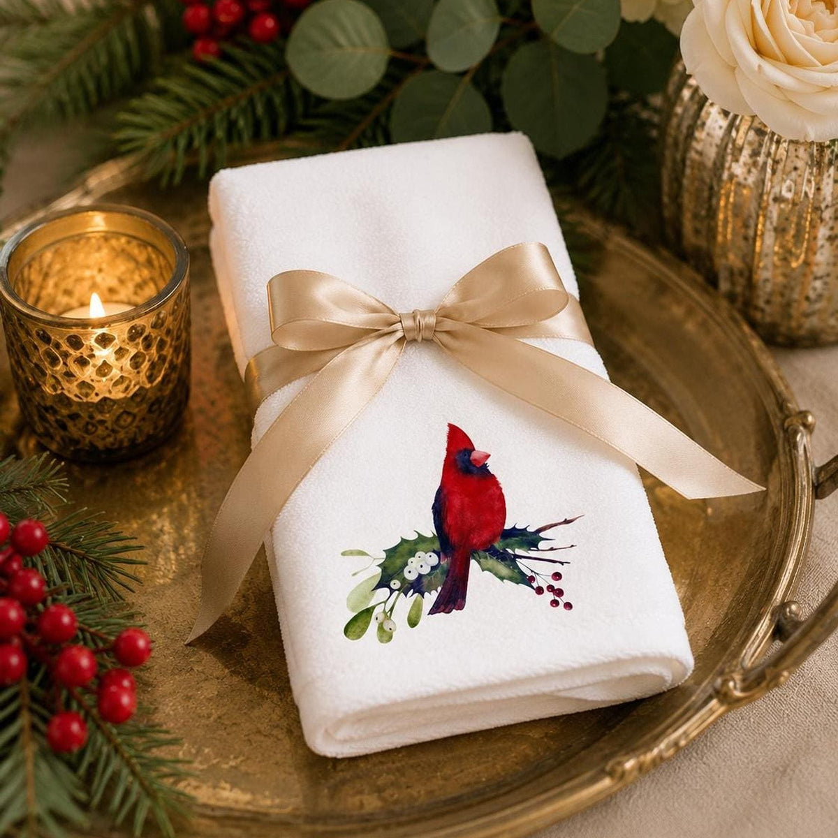 Cardinal Hand Towel, Sheared Polyester Front, Christmas Powder Room Decor