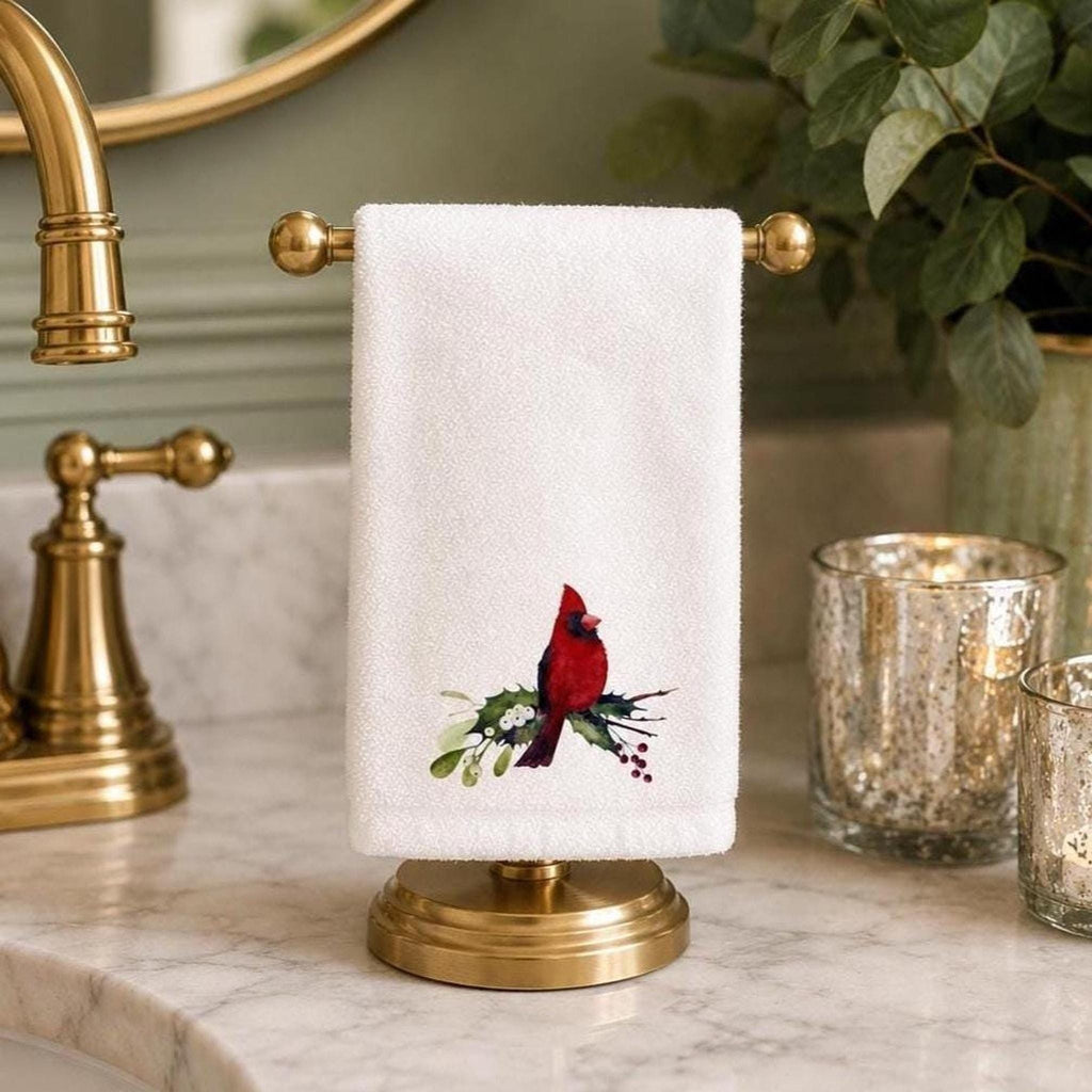 Cardinal Hand Towel, Sheared Polyester Front, Christmas Powder Room Decor