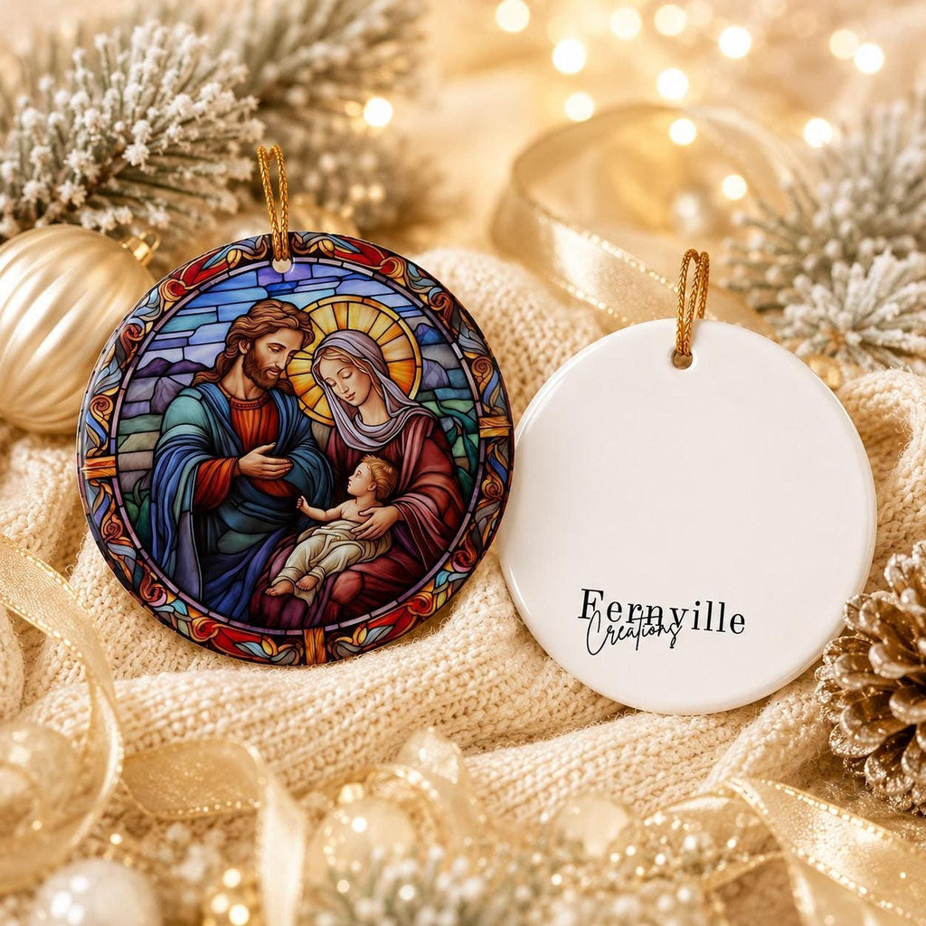 Nativity Ornament, Glossy Ceramic Christmas Keepsake with Optional Personalization