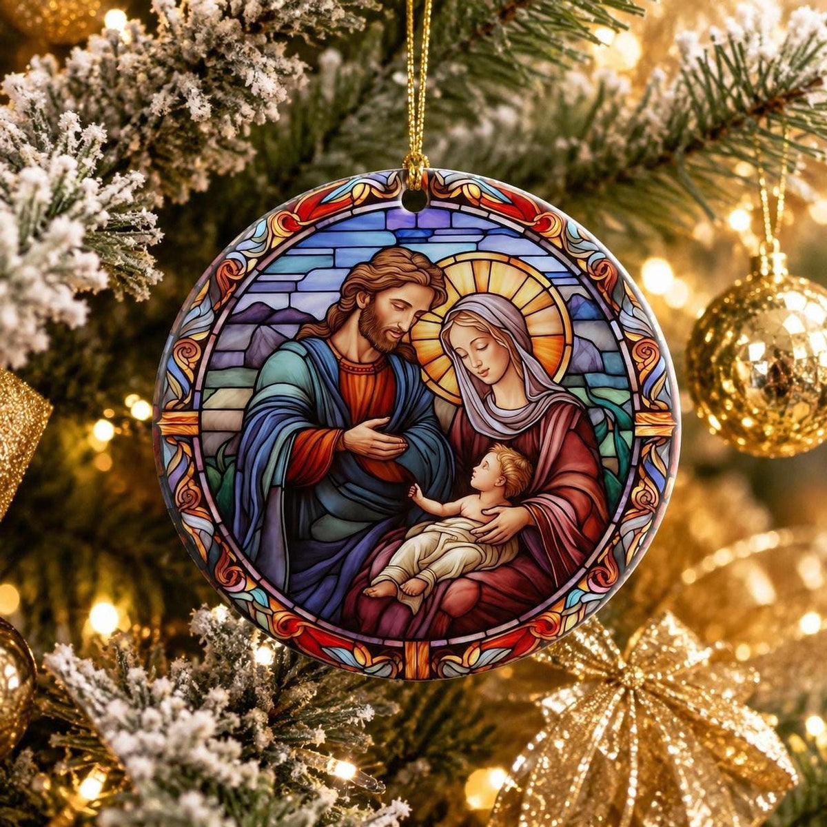 Nativity Ornament, Glossy Ceramic Christmas Keepsake with Optional Personalization