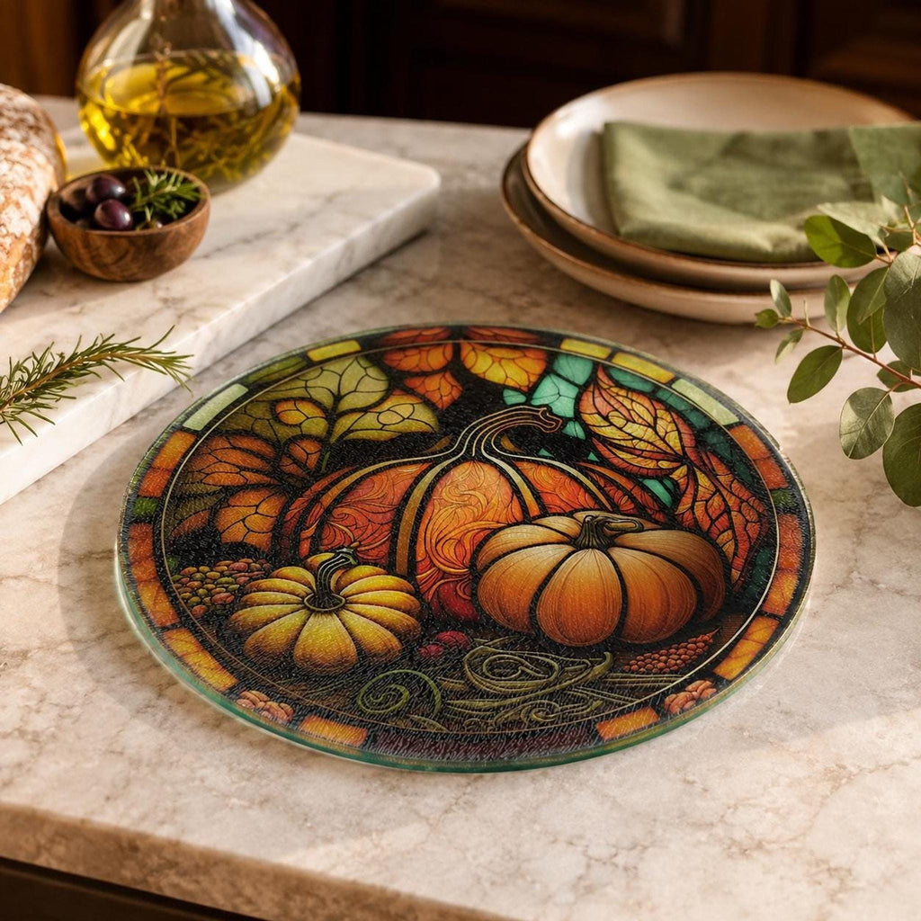Glass Cutting Board, Tempered Surface with Pumpkin Artwork, 8 or 12 Inches