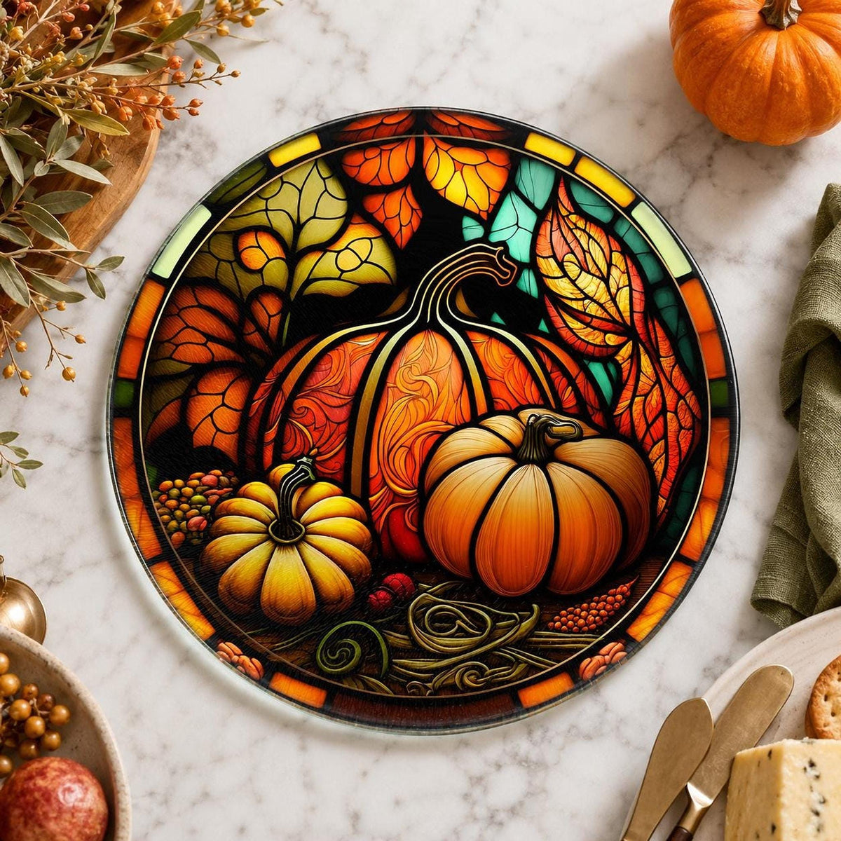 Glass Cutting Board, Tempered Surface with Pumpkin Artwork, 8 or 12 Inches