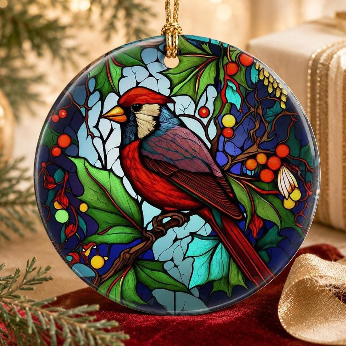 Cardinal Ornament, 3-Inch Round Ceramic Memorial Keepsake, Red Bird Decor