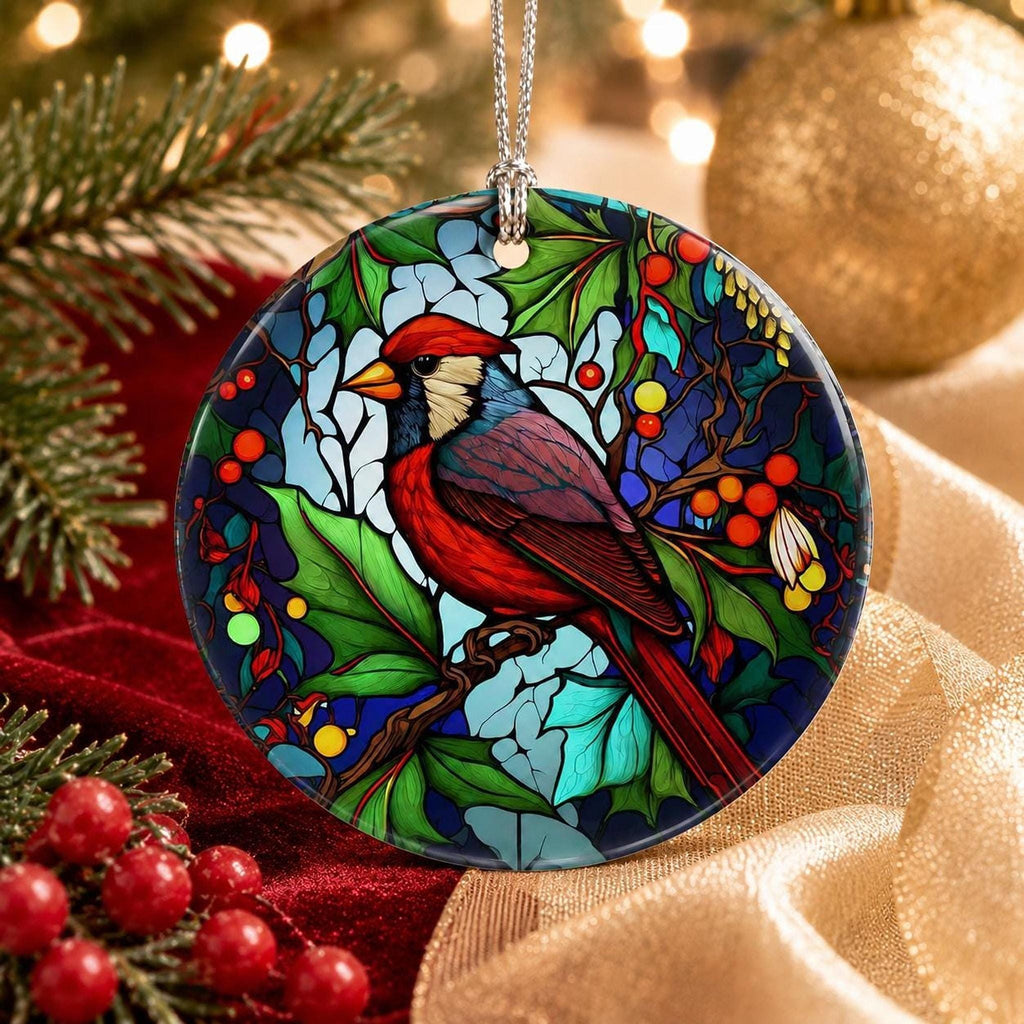 Cardinal Ornament, 3-Inch Round Ceramic Memorial Keepsake, Red Bird Decor