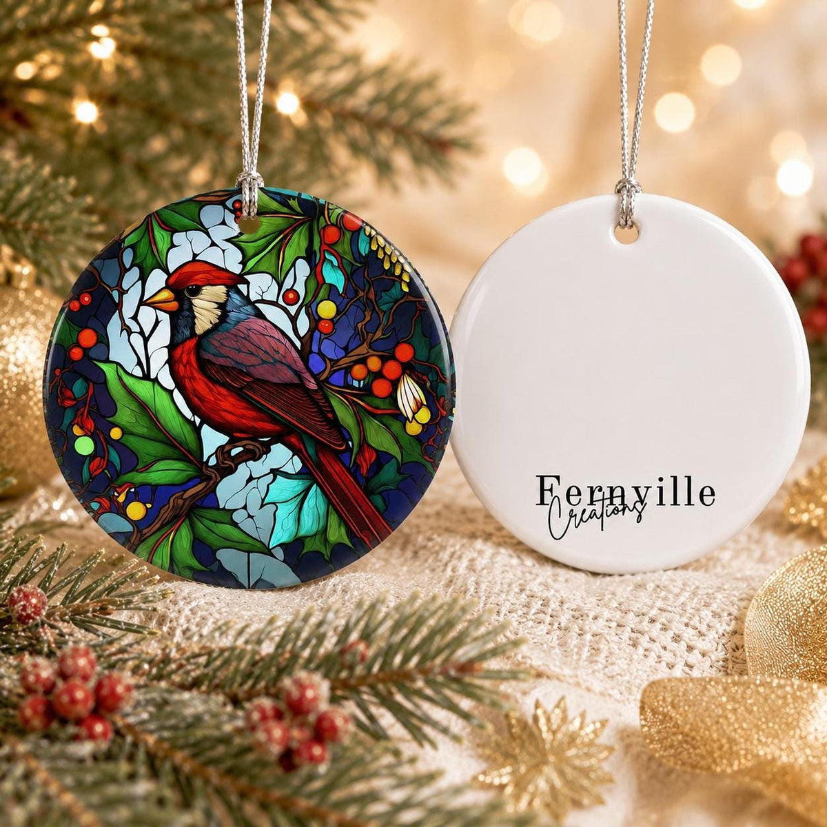 Cardinal Ornament, 3-Inch Round Ceramic Memorial Keepsake, Red Bird Decor