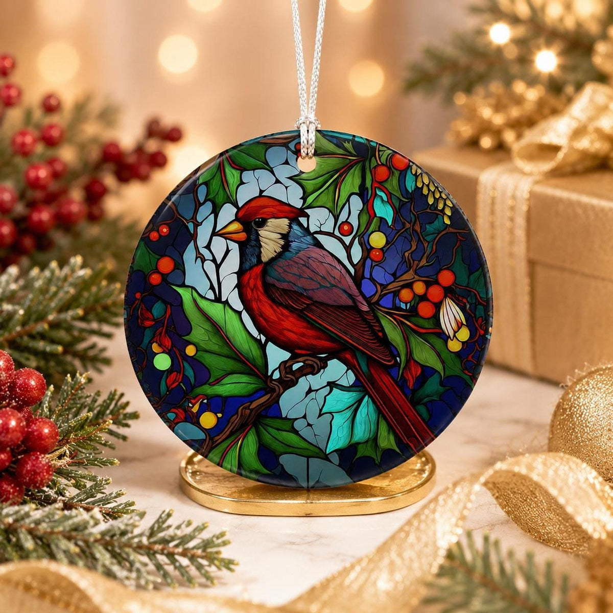 Cardinal Ornament, 3-Inch Round Ceramic Memorial Keepsake, Red Bird Decor