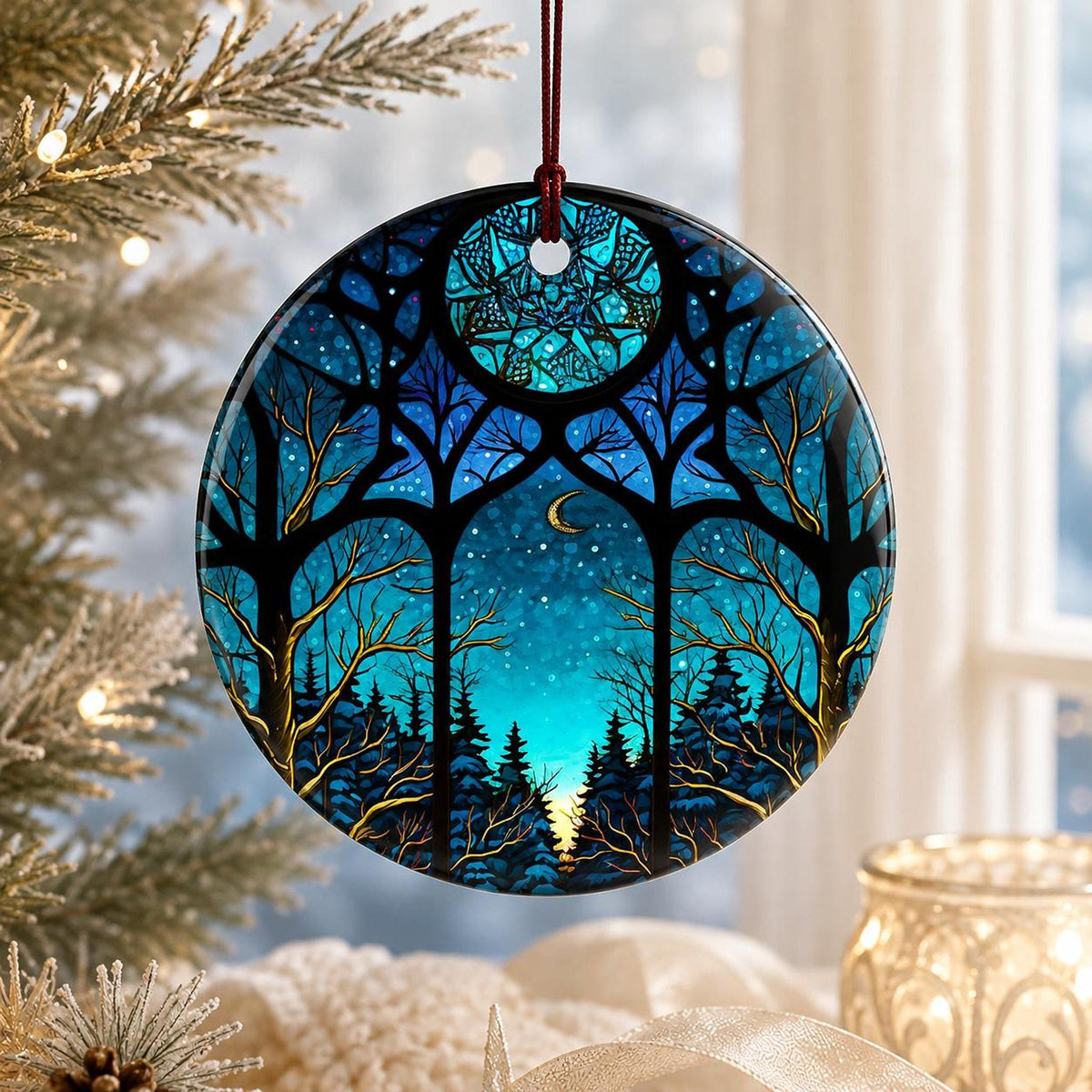 Crescent Moon Decor, Blue Woodland Ceramic Christmas Ornament