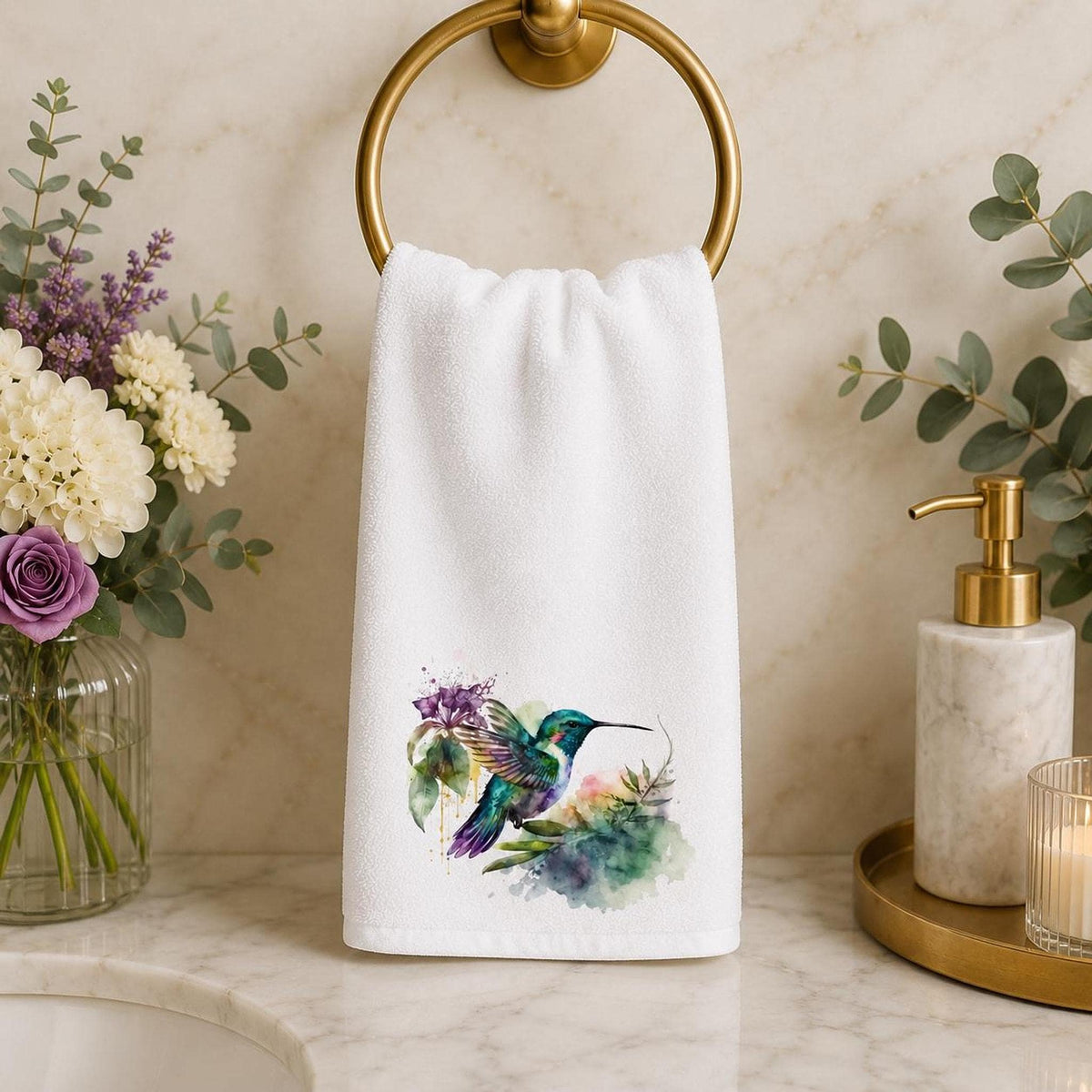 Hummingbird Hand Towel, Watercolor Bird Decor, Floral Guest Bath Accent, Nature Lover Gift