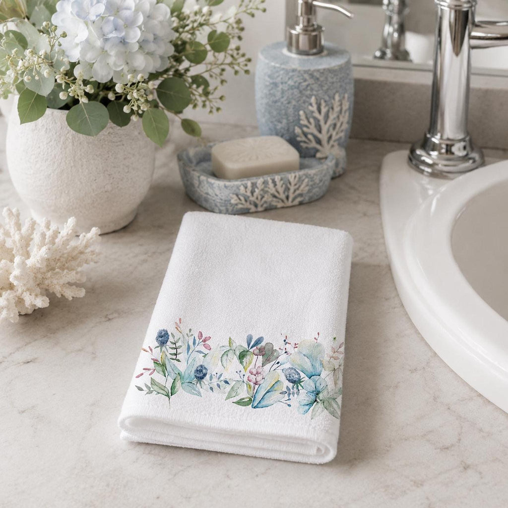 Blue Botanical Fingertip Towel, 11 x 18 Inch Cotton Terrycloth