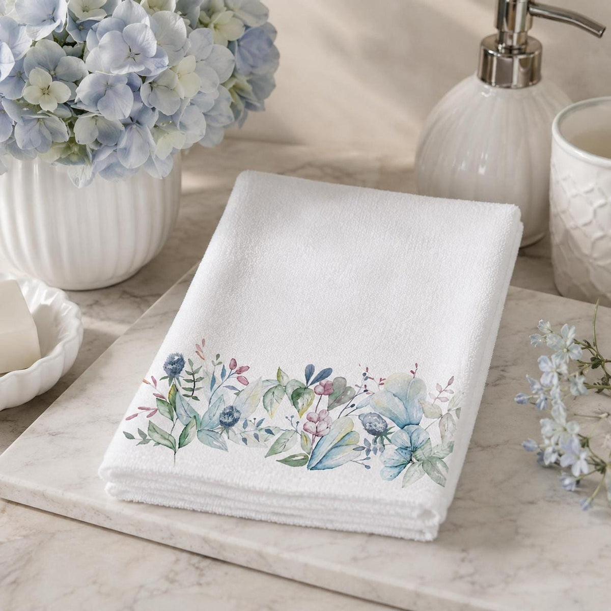 Blue Botanical Fingertip Towel, 11 x 18 Inch Cotton Terrycloth