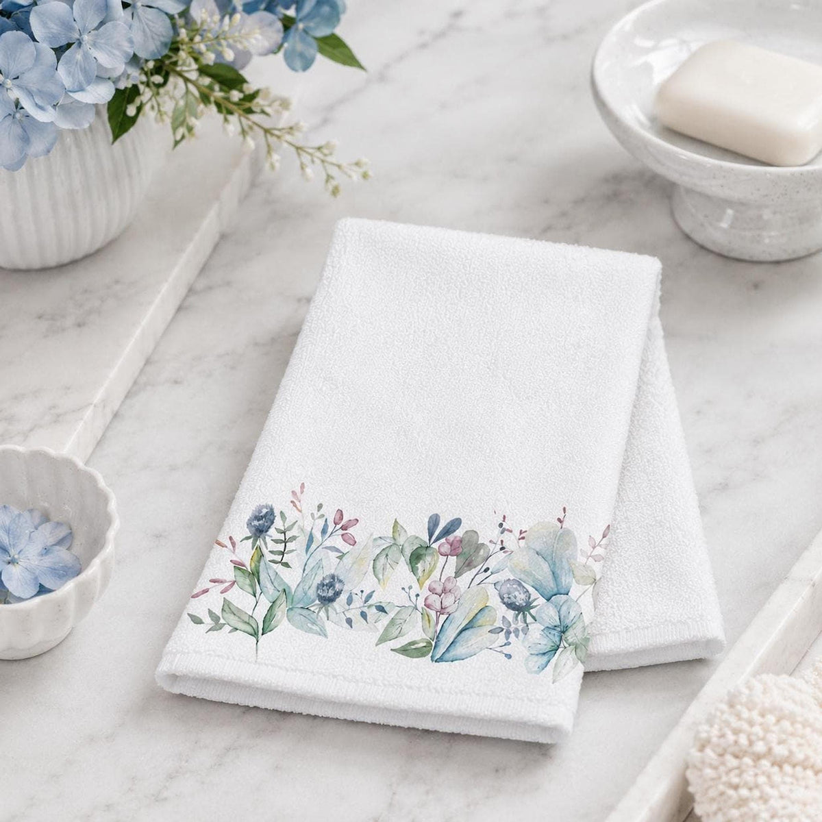Blue Botanical Fingertip Towel, 11 x 18 Inch Cotton Terrycloth