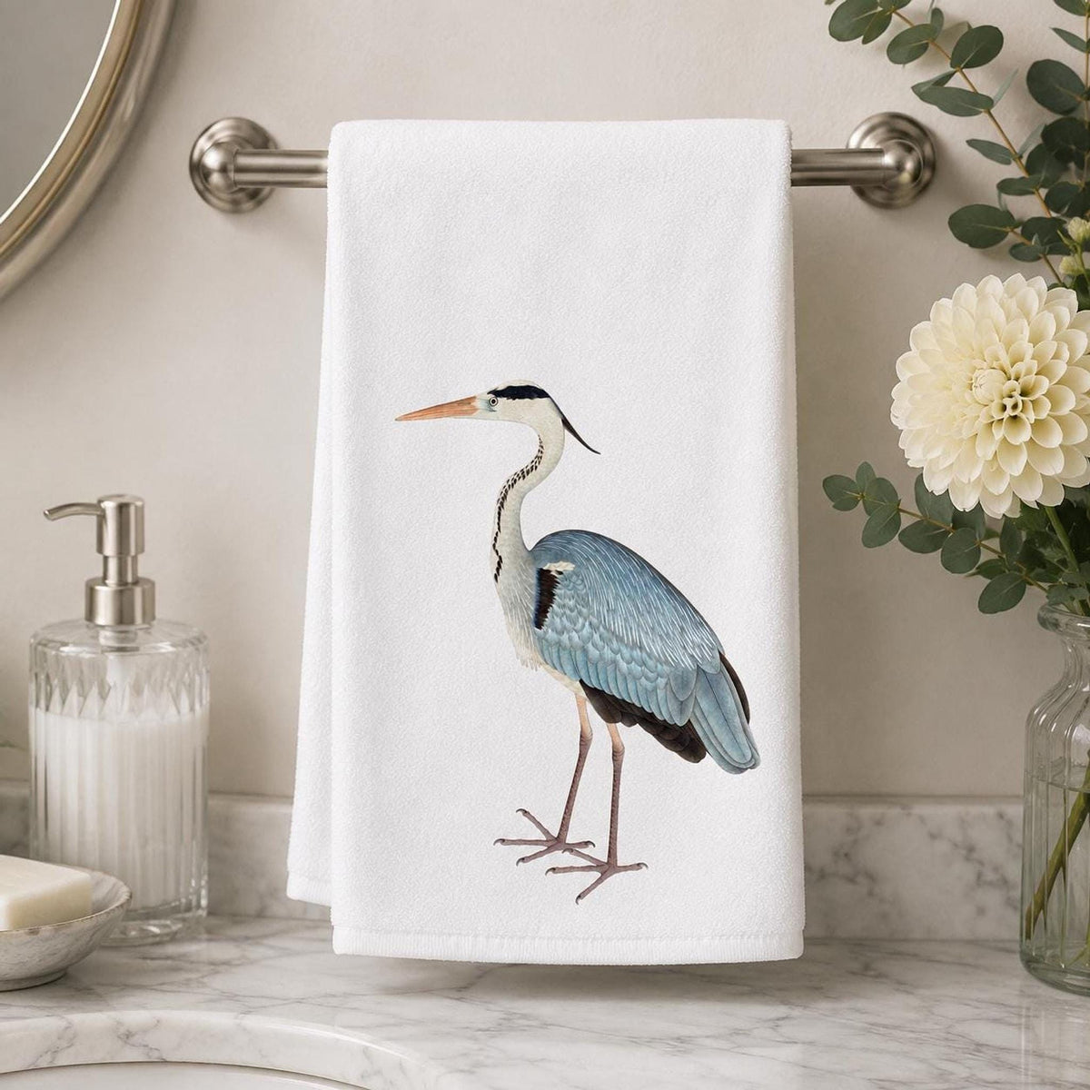 Soft Hand Towel, Blue Heron Design, 15 x 25 Inch Sheared Polyester Cotton Terrycloth