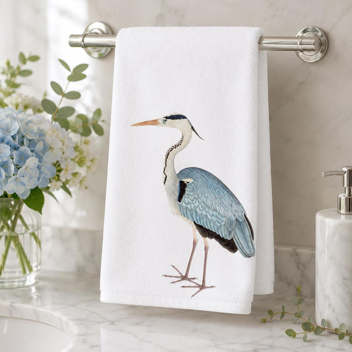 Soft Hand Towel, Blue Heron Design, 15 x 25 Inch Sheared Polyester Cotton Terrycloth