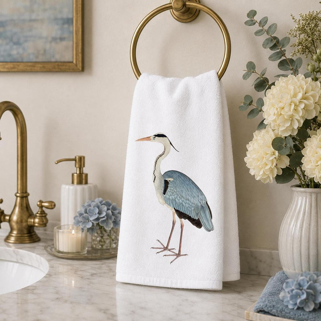 Soft Hand Towel, Blue Heron Design, 15 x 25 Inch Sheared Polyester Cotton Terrycloth