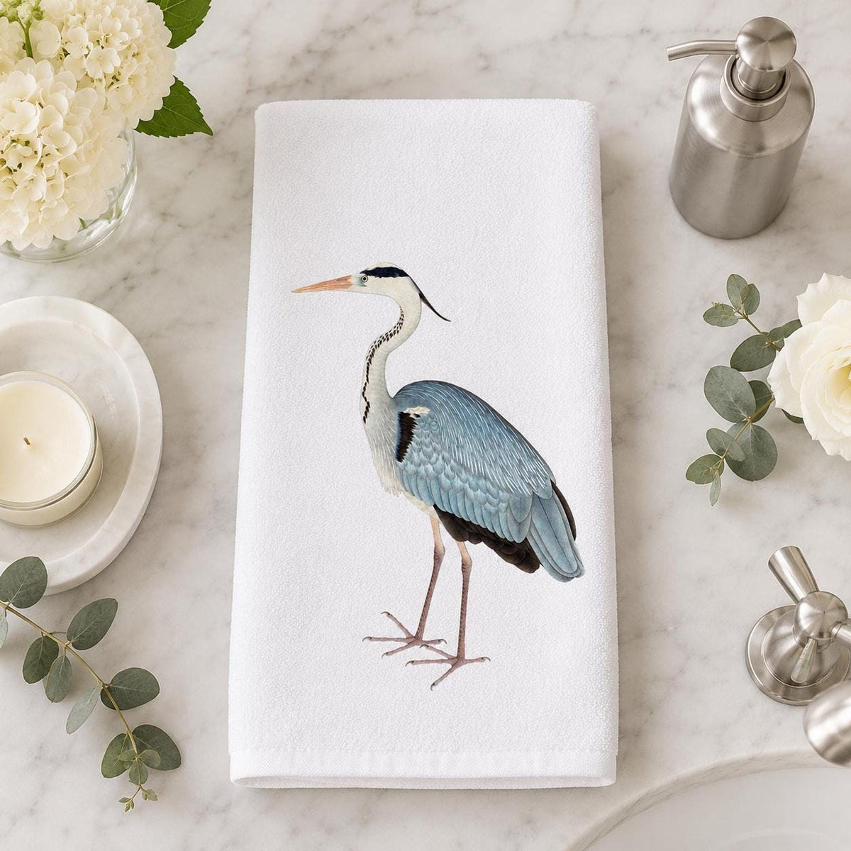 Soft Hand Towel, Blue Heron Design, 15 x 25 Inch Sheared Polyester Cotton Terrycloth