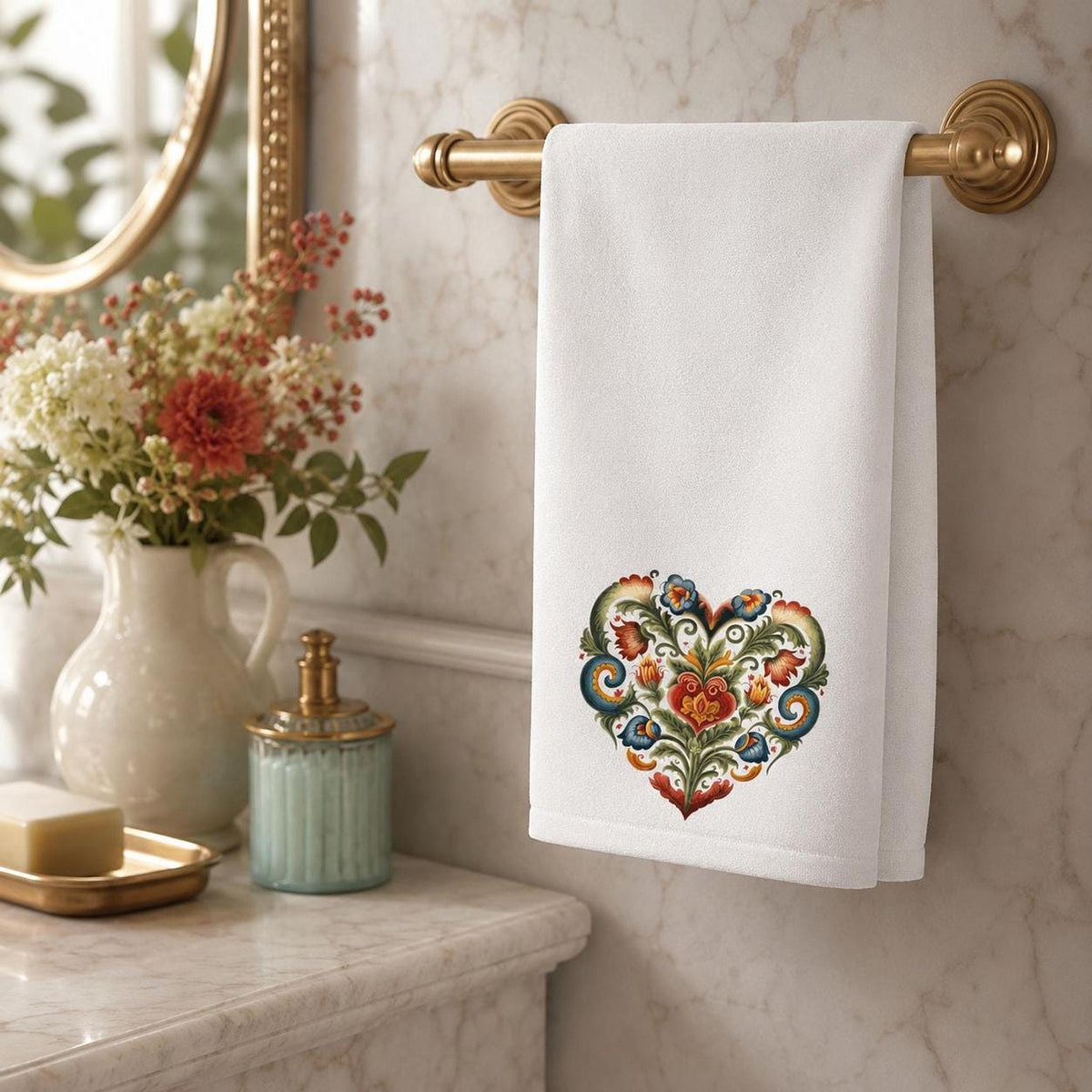 Fingertip Towel, Folk Heart Floral Design, Sheared Polyester Front, Cotton Terry Back