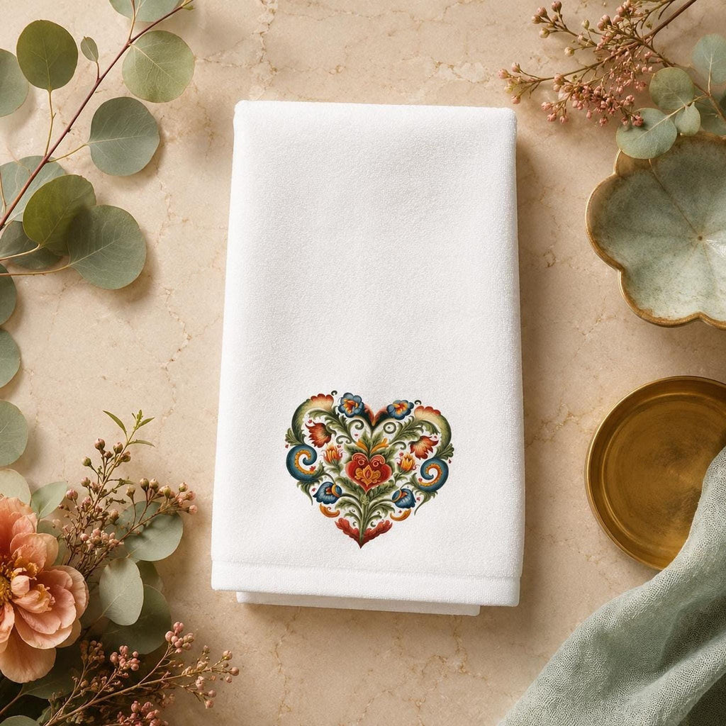 Fingertip Towel, Folk Heart Floral Design, Sheared Polyester Front, Cotton Terry Back