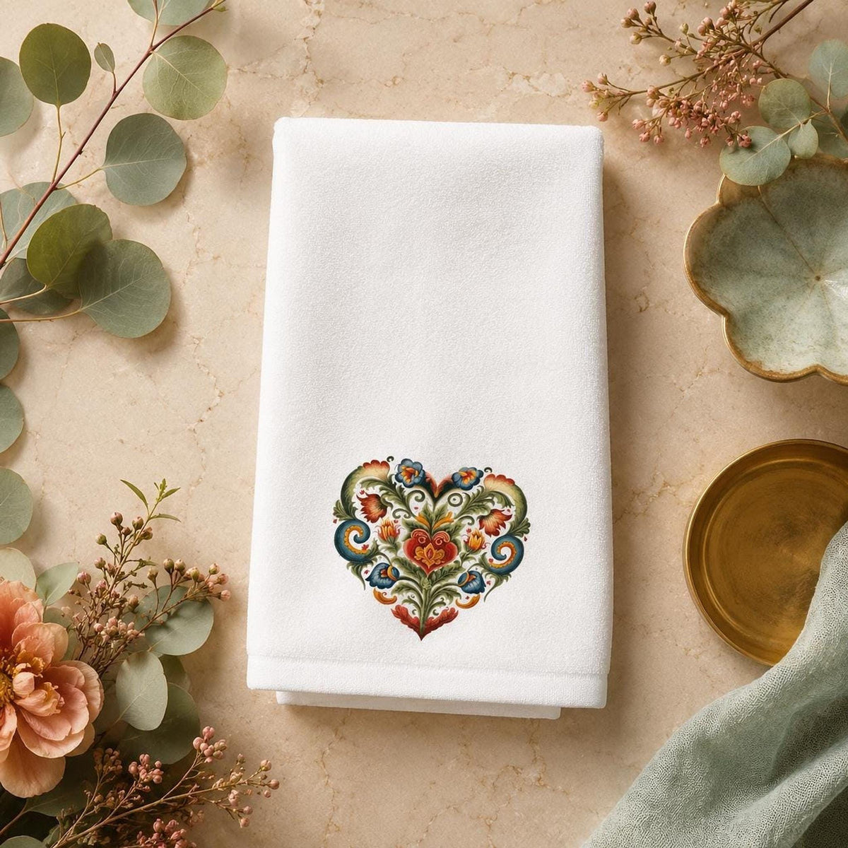 Fingertip Towel, Folk Heart Floral Design, Sheared Polyester Front, Cotton Terry Back