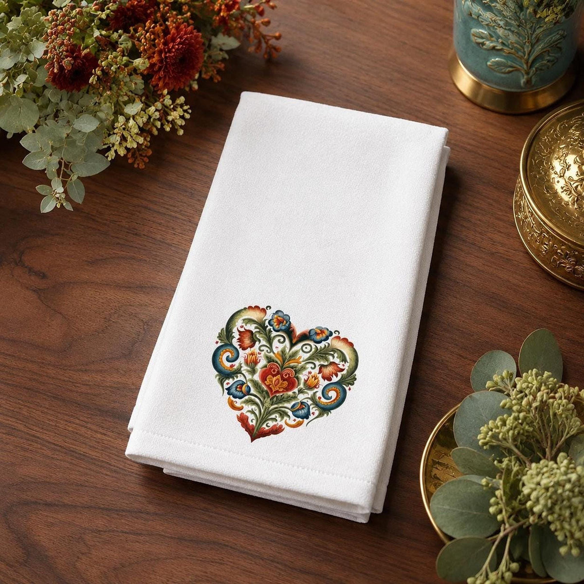 Fingertip Towel, Folk Heart Floral Design, Sheared Polyester Front, Cotton Terry Back