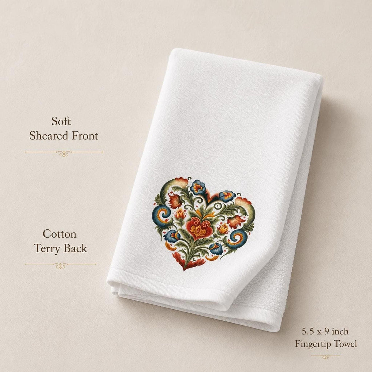 Fingertip Towel, Folk Heart Floral Design, Sheared Polyester Front, Cotton Terry Back