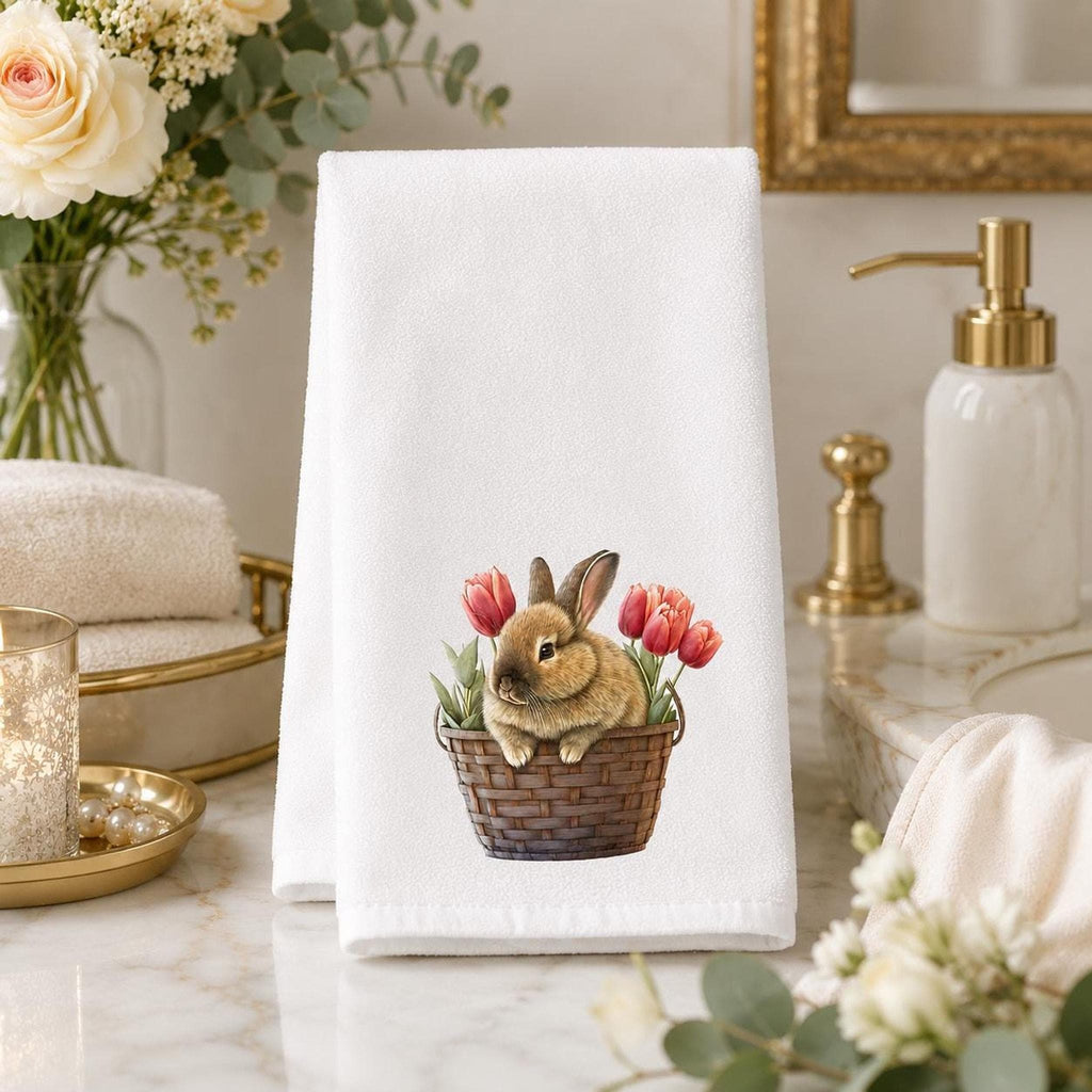 Cottage Bath White Hand Towel, Bunny Basket And Tulip Artwork