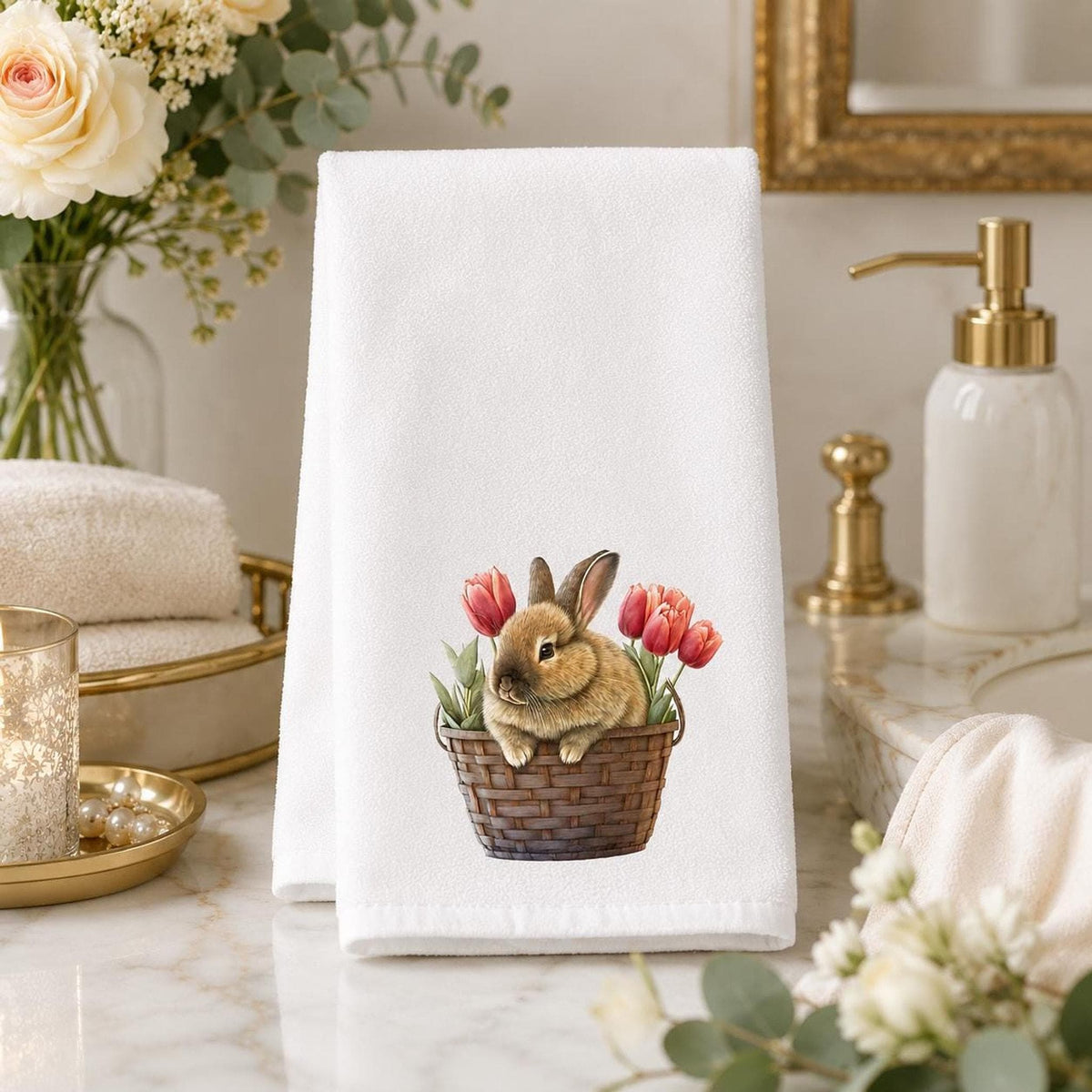 Cottage Bath White Hand Towel, Bunny Basket And Tulip Artwork