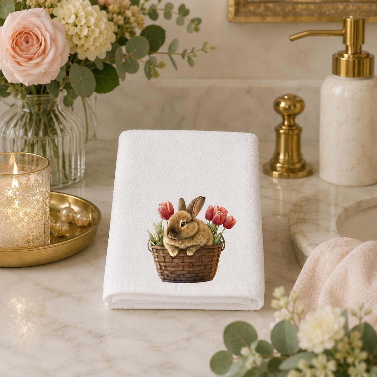 Cottage Bath White Hand Towel, Bunny Basket And Tulip Artwork