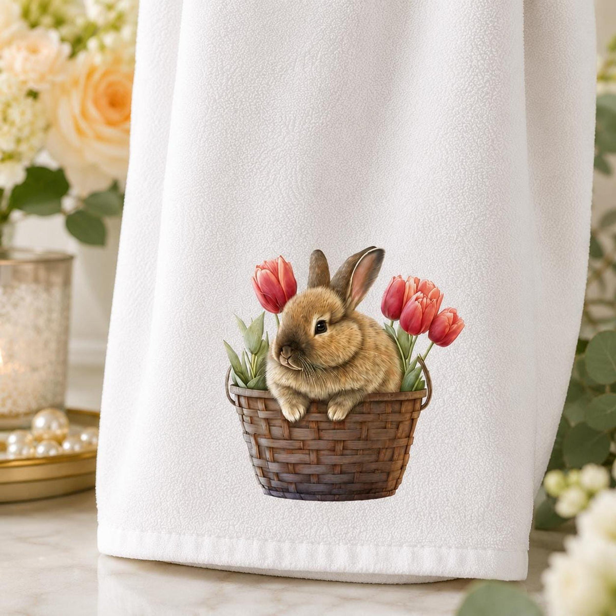 Cottage Bath White Hand Towel, Bunny Basket And Tulip Artwork