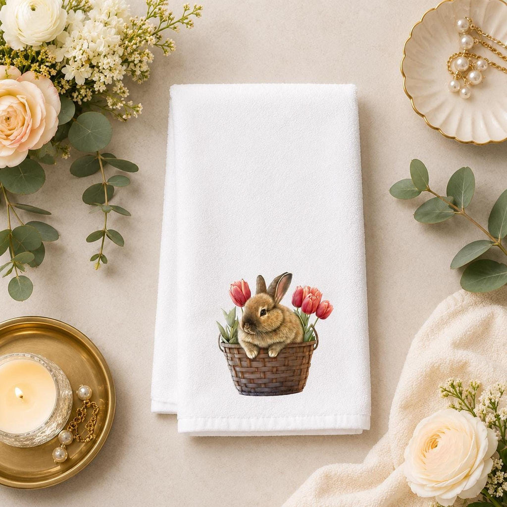 Cottage Bath White Hand Towel, Bunny Basket And Tulip Artwork