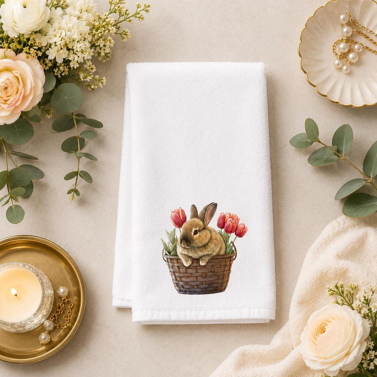 Cottage Bath White Hand Towel, Bunny Basket And Tulip Artwork