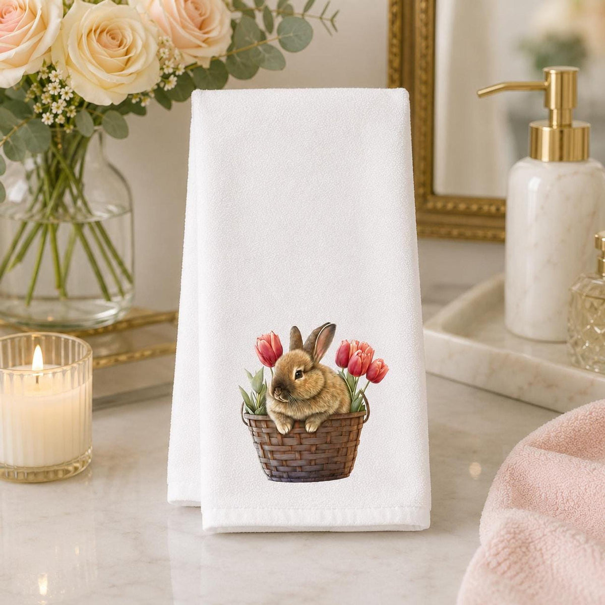 Cottage Bath White Hand Towel, Bunny Basket And Tulip Artwork