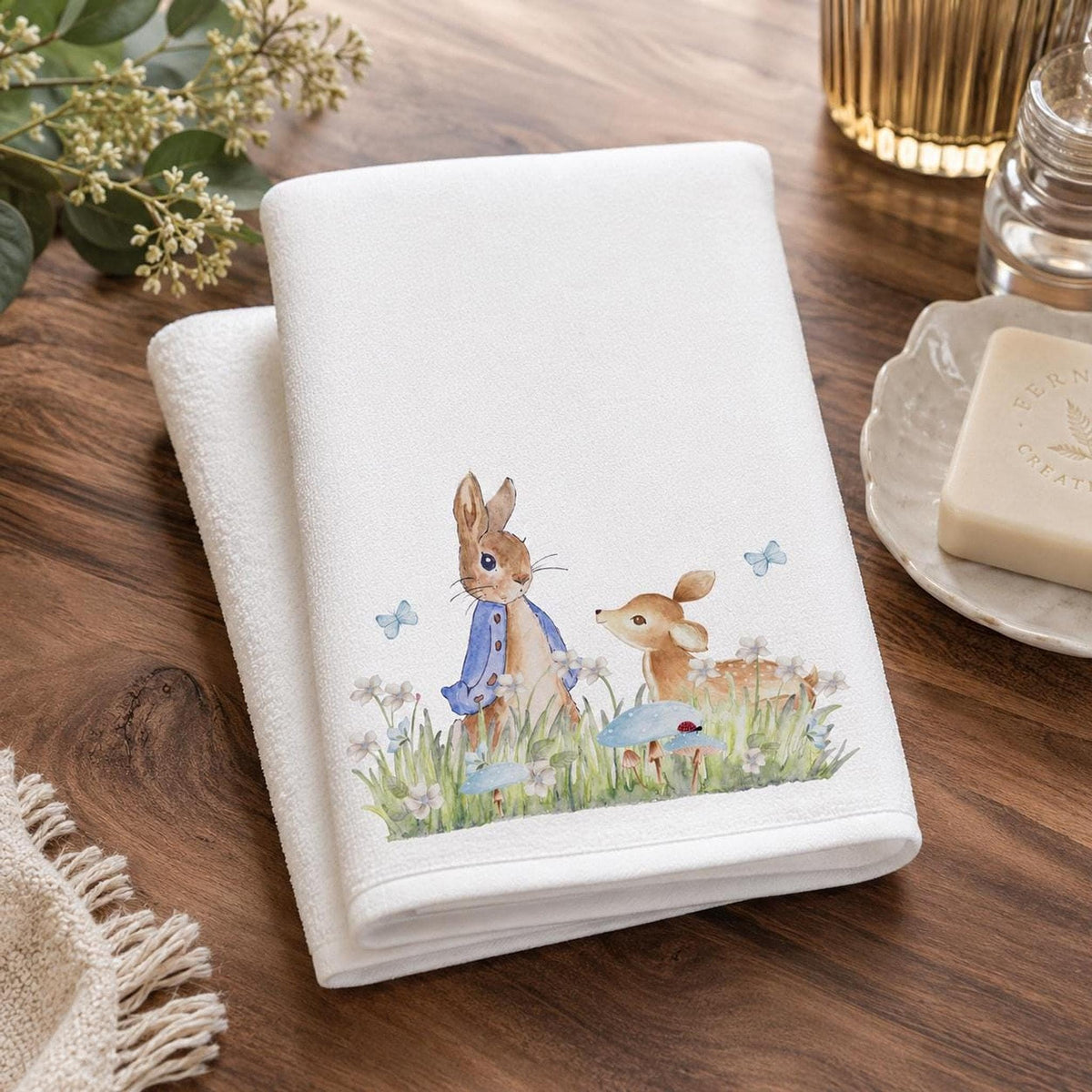 Fingertip Towel, 11 X 18 Inch Polyester Face with Woodland Bath Design