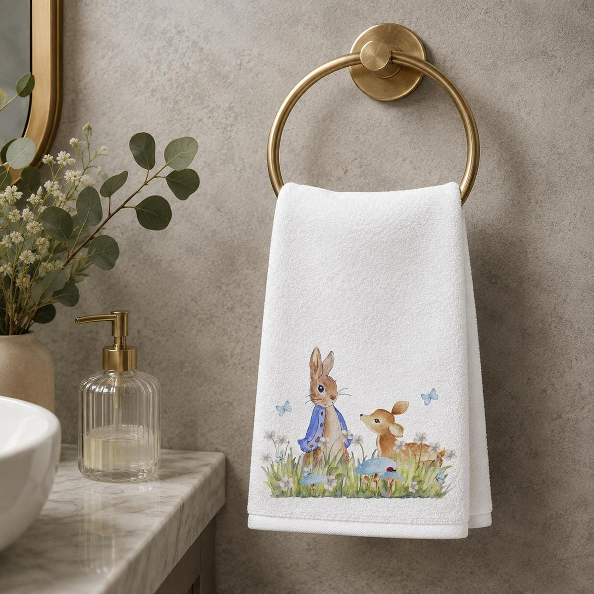 Fingertip Towel, 11 X 18 Inch Polyester Face with Woodland Bath Design