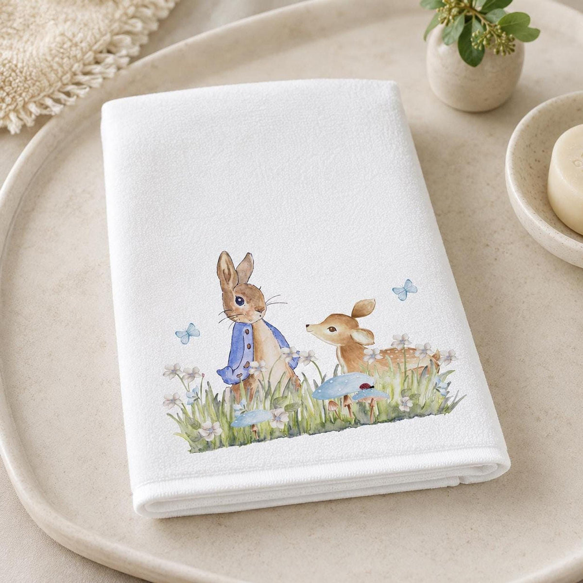 Fingertip Towel, 11 X 18 Inch Polyester Face with Woodland Bath Design