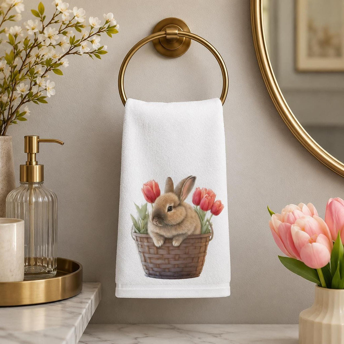 Bunny Fingertip Towel, Spring Tulip Decor, Easter Guest Bath Accent, Rabbit Lover Gift