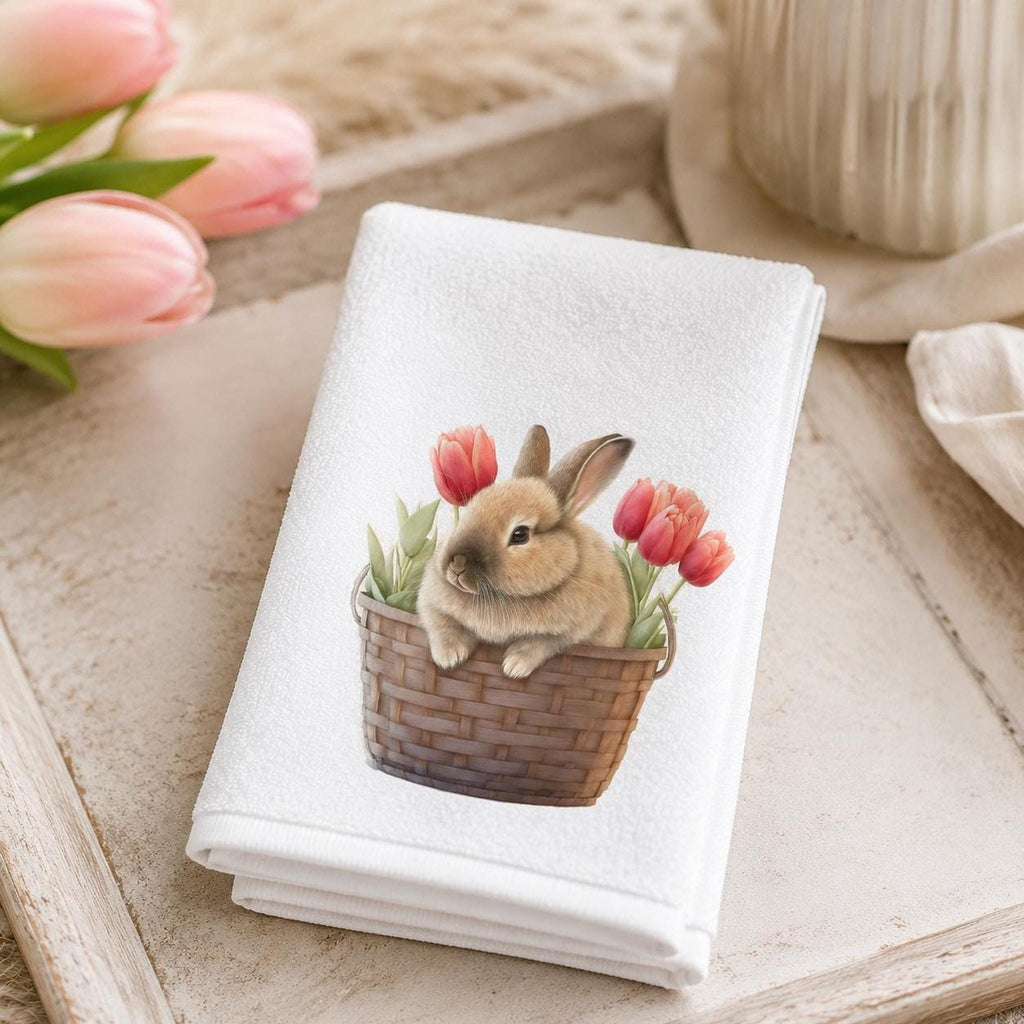 Bunny Fingertip Towel, Spring Tulip Decor, Easter Guest Bath Accent, Rabbit Lover Gift