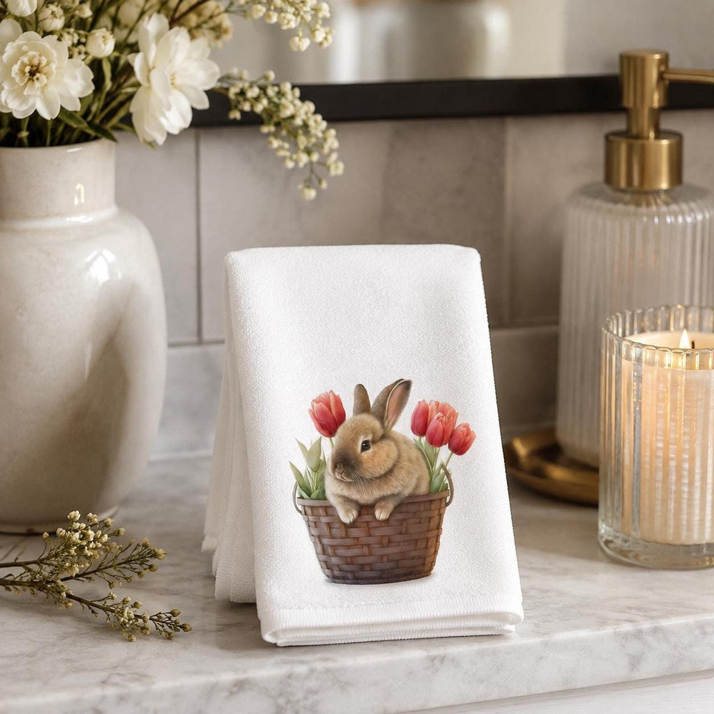 Bunny Fingertip Towel, Spring Tulip Decor, Easter Guest Bath Accent, Rabbit Lover Gift