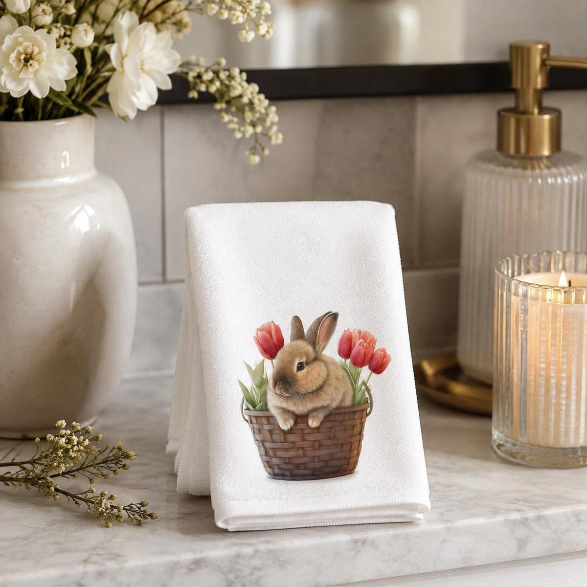 Bunny Fingertip Towel, Spring Tulip Decor, Easter Guest Bath Accent, Rabbit Lover Gift