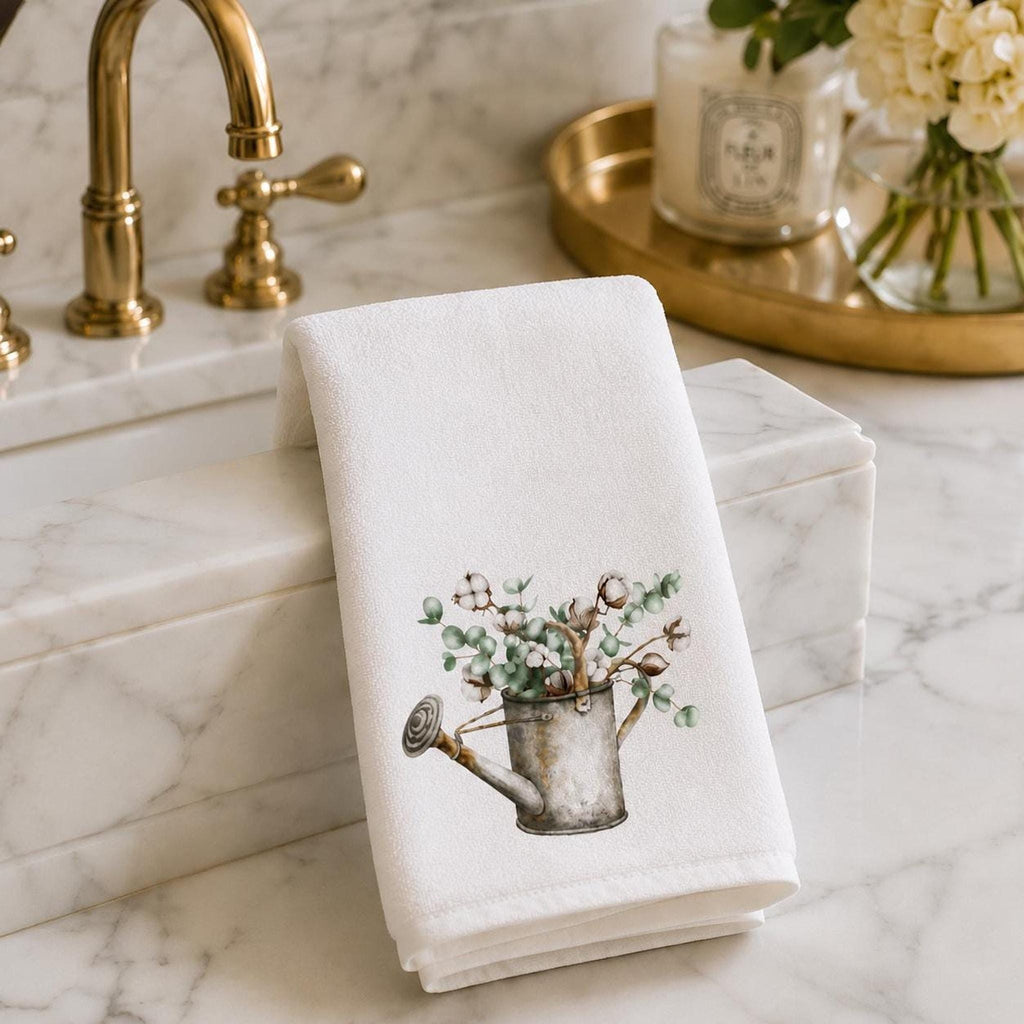 Fingertip Towel, White Botanical Accent with Cotton Terrycloth Back