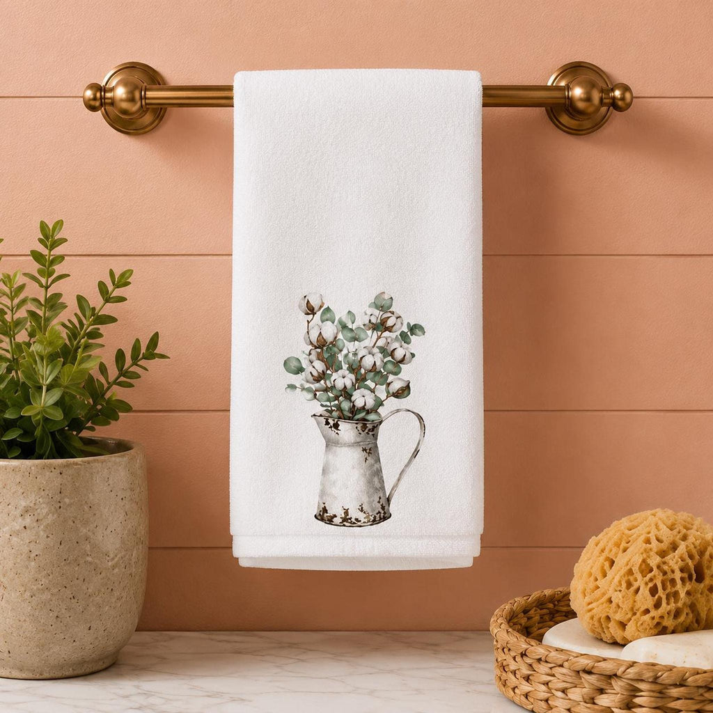 Fingertip Towel, White Botanical Accent with Cotton Terrycloth Back