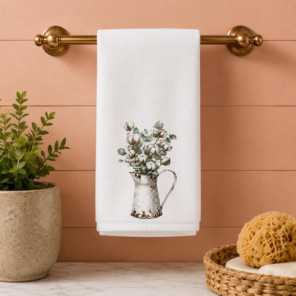 Fingertip Towel, White Botanical Accent with Cotton Terrycloth Back
