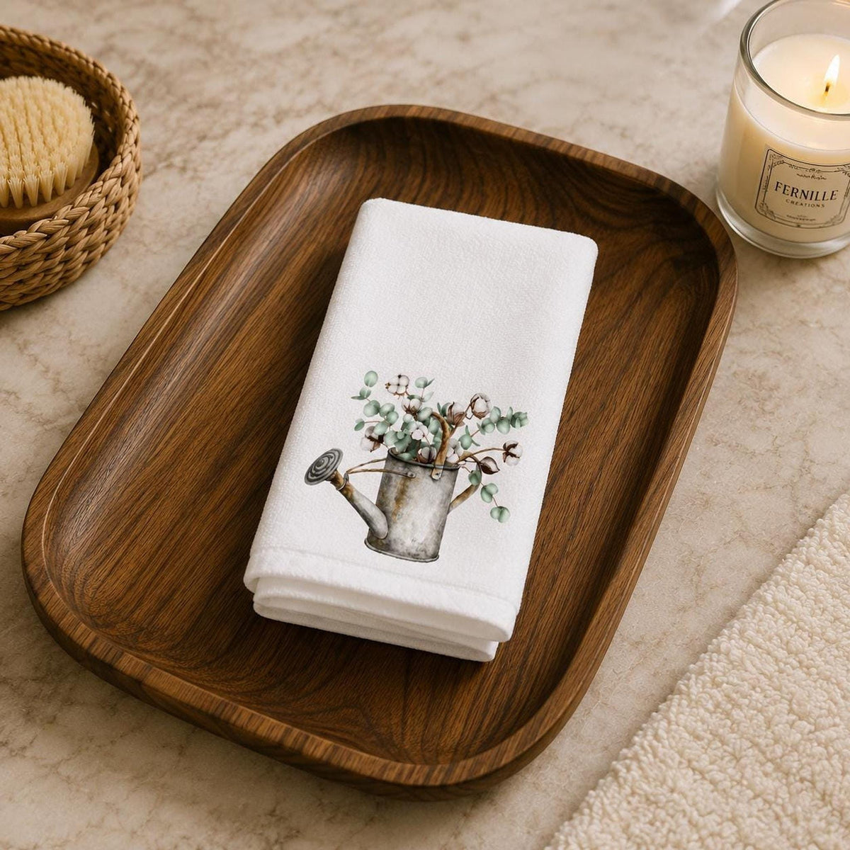 Fingertip Towel, White Botanical Accent with Cotton Terrycloth Back