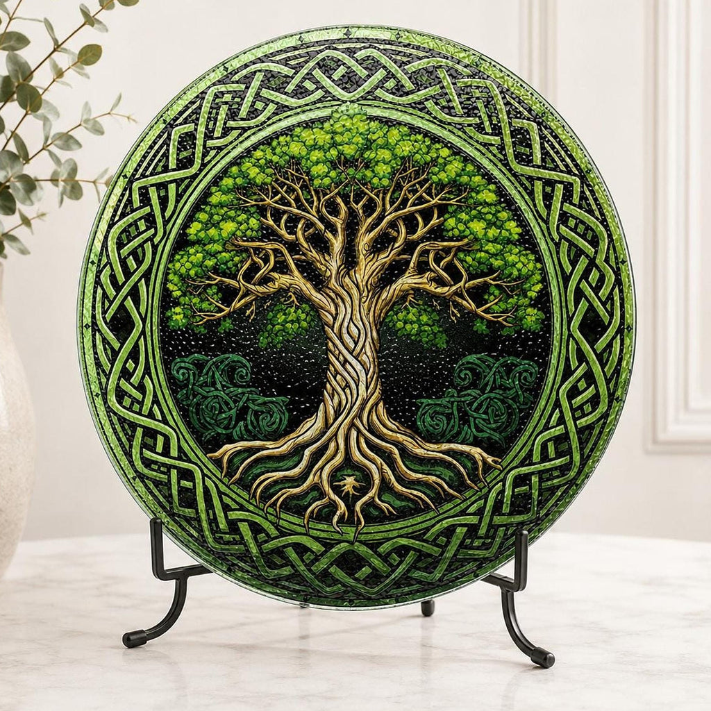 Glass Cutting Board, Round Tempered Celtic Tree Of Life Design