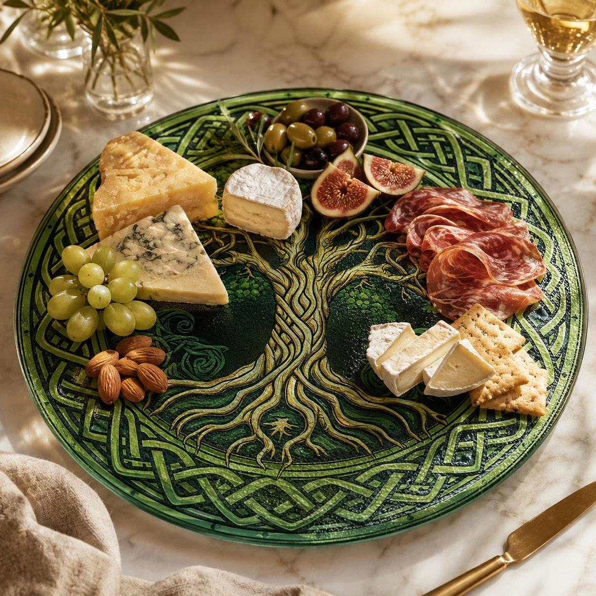 Glass Cutting Board, Round Tempered Celtic Tree Of Life Design